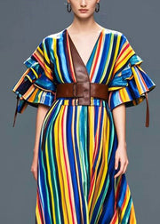 Stylish Rainbow Cinched Striped Cotton Maxi Dress Summer