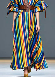 Stylish Rainbow Cinched Striped Cotton Maxi Dress Summer