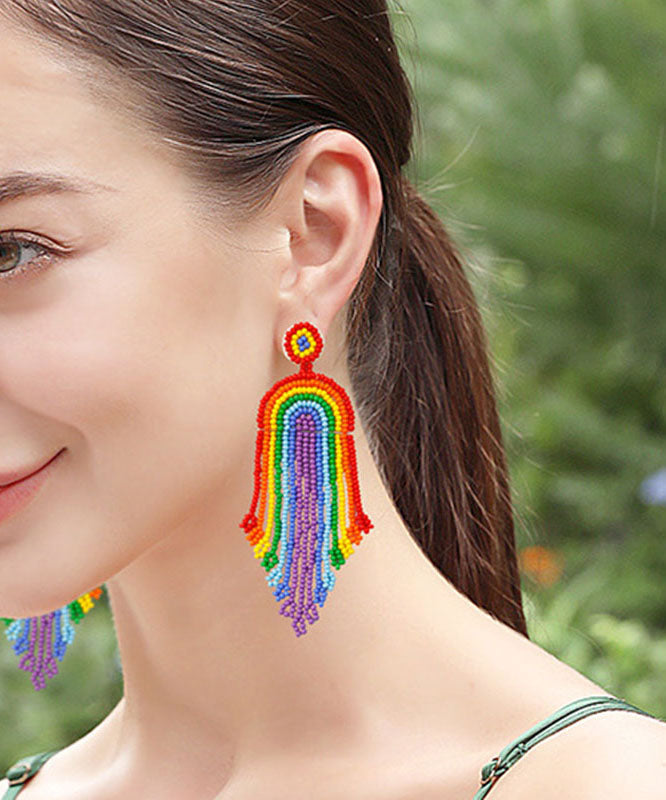 Stylish Rainbow Knit Fabric Tassel Drop Earrings