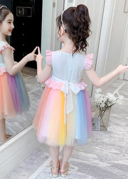 Stylish Rainbow O-Neck Tulle Patchwork Cotton Girls Dress Summer