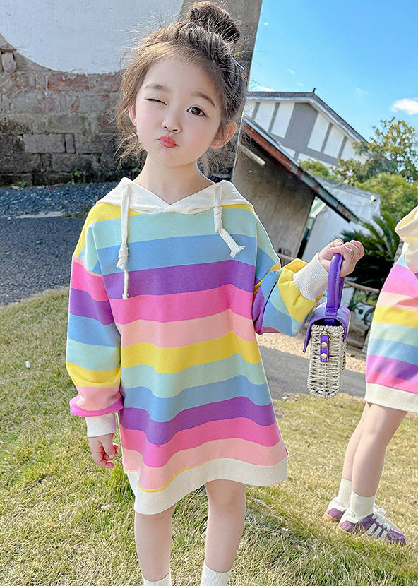 Stylish Rainbow Striped Drawstring Knit Kids Hooded Long Dresses Long Sleeve