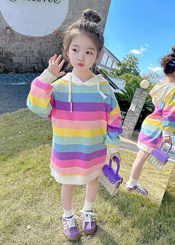 Stylish Rainbow Striped Drawstring Knit Kids Hooded Long Dresses Long Sleeve