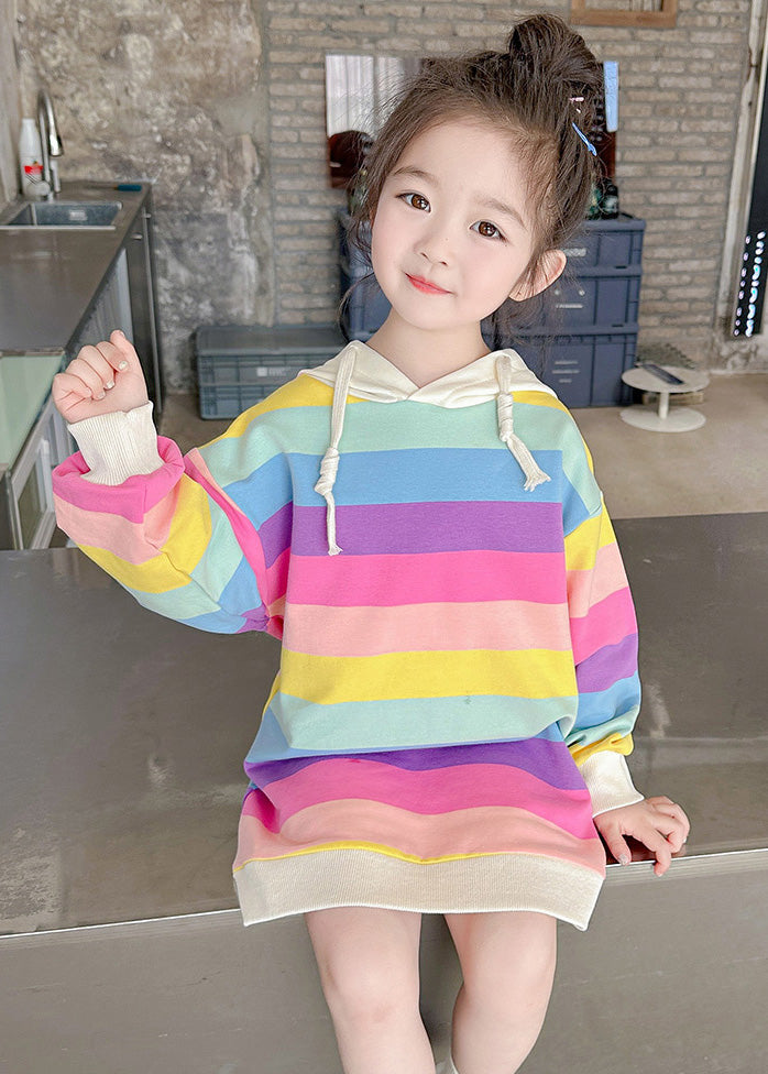 Stylish Rainbow Striped Drawstring Knit Kids Hooded Long Dresses Long Sleeve