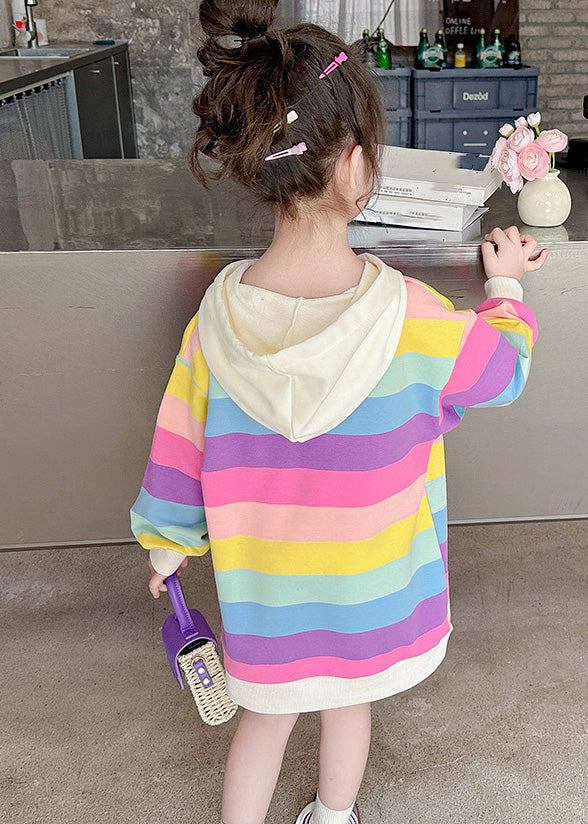 Stylish Rainbow Striped Drawstring Knit Kids Hooded Long Dresses Long Sleeve