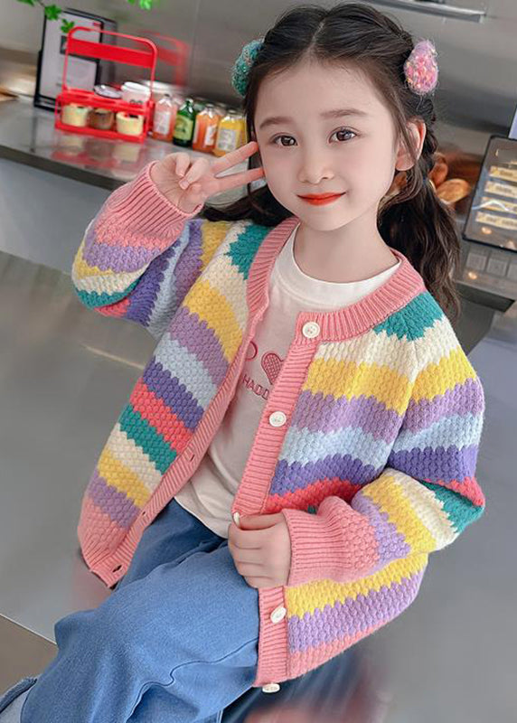 Stylish Rainbow Striped Patchwork Cotton Knit Kids Cardigan Spring