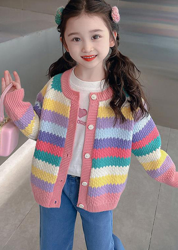 Stylish Rainbow Striped Patchwork Cotton Knit Kids Cardigan Spring