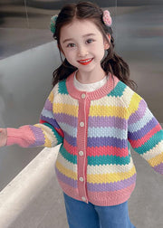 Stylish Rainbow Striped Patchwork Cotton Knit Kids Cardigan Spring