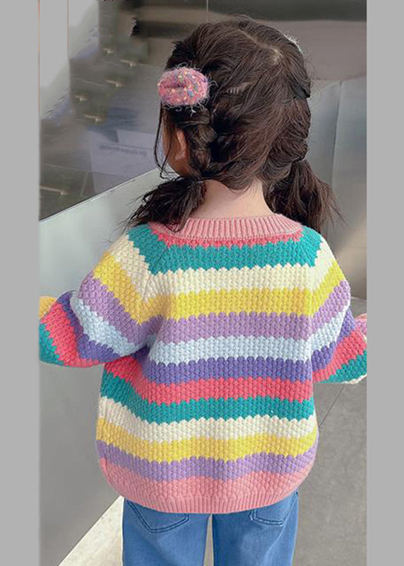 Stylish Rainbow Striped Patchwork Cotton Knit Kids Cardigan Spring