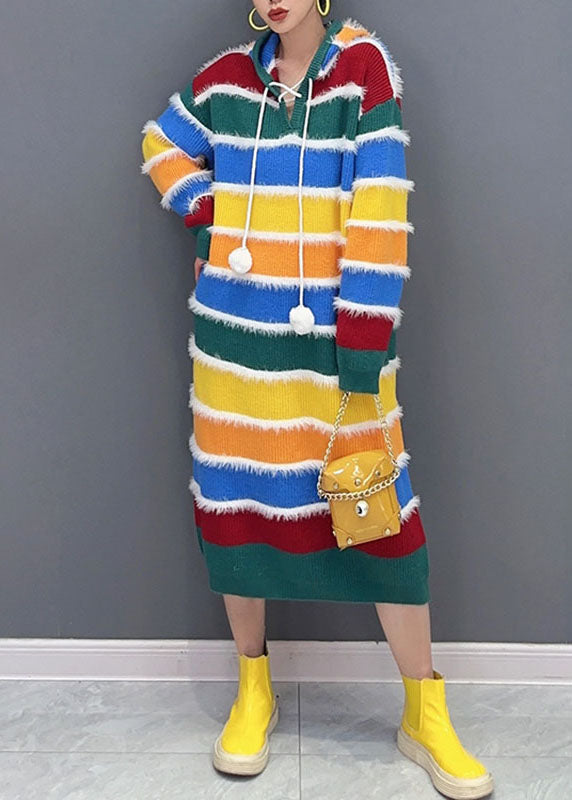 Stylish Rainbow Striped Patchwork Hooded Long Knit Sweater Dress Fall