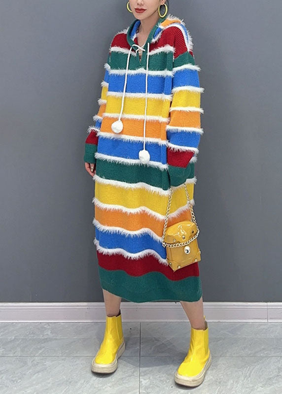 Stylish Rainbow Striped Patchwork Hooded Long Knit Sweater Dress Fall