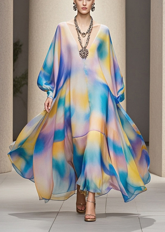 Stylish Rainbow Tie Dye Exra Large Hem Chiffon Maxi Dress Fall