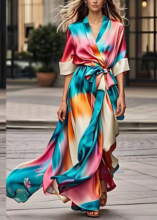 Stylish Rainbow Tie Waist Silk Long Dress Summer