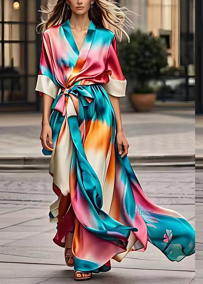 Stylish Rainbow Tie Waist Silk Long Dress Summer