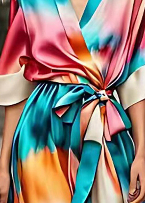 Stylish Rainbow Tie Waist Silk Long Dress Summer