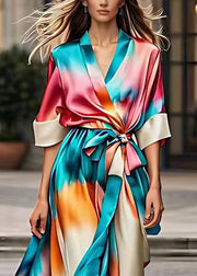 Stylish Rainbow Tie Waist Silk Long Dress Summer