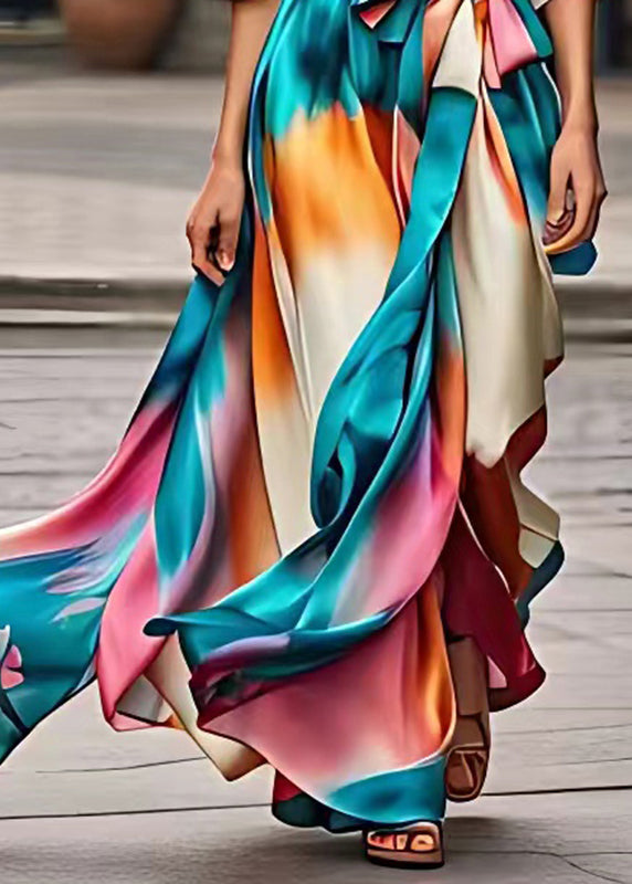 Stylish Rainbow Tie Waist Silk Long Dress Summer