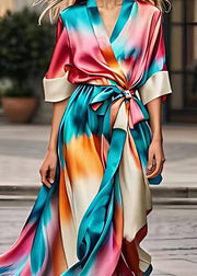 Stylish Rainbow Tie Waist Silk Long Dress Summer