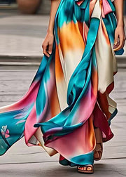 Stylish Rainbow Tie Waist Silk Long Dress Summer