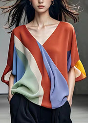 Stylish Rainbow V Neck Chiffon Shirt Fall