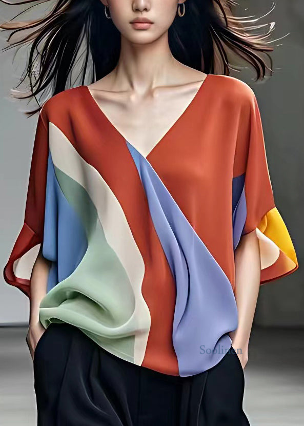 Stylish Rainbow V Neck Chiffon Shirt Fall