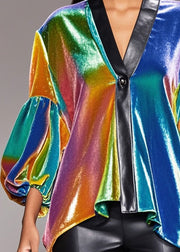 Stylish Rainbow V Neck Patchwork Silk Velour Shirt Top Lantern Sleeve