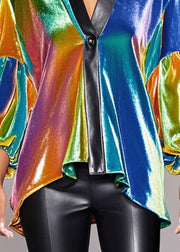 Stylish Rainbow V Neck Patchwork Silk Velour Shirt Top Lantern Sleeve