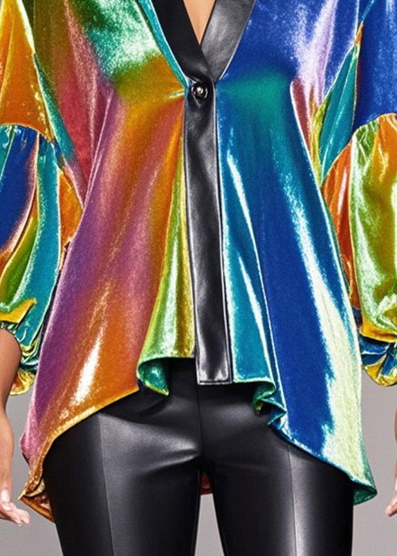 Stylish Rainbow V Neck Patchwork Silk Velour Shirt Top Lantern Sleeve