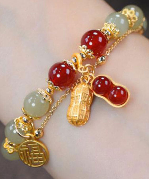 Stylish Red 18K Gold Jade Peanuts Tassel Charm Bracelet