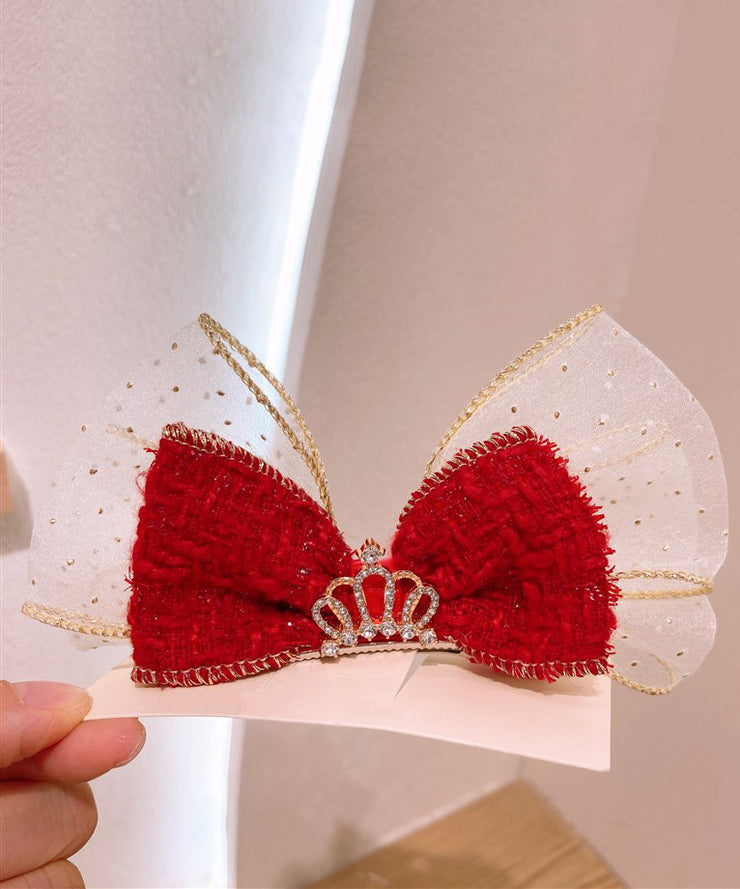 Stylish Red Alloy Tulle Fabric Zircon Bow Kids Hairpin