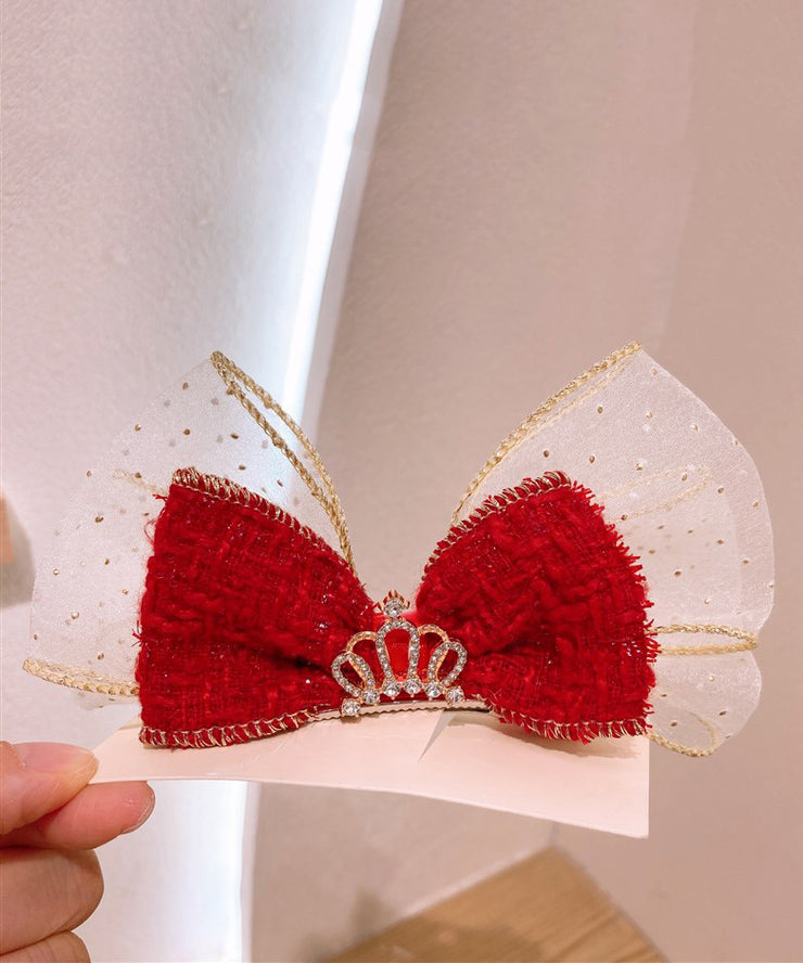 Stylish Red Alloy Tulle Fabric Zircon Bow Kids Hairpin