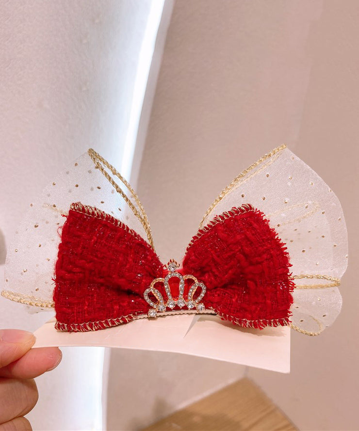 Stylish Red Alloy Tulle Fabric Zircon Bow Kids Hairpin