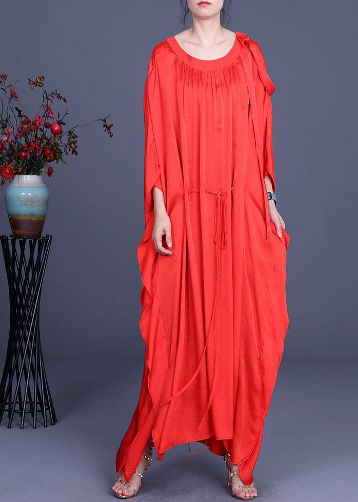 Stylish Red Batwing Sleeve Tie Waist Silk Summer Dress