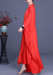 Stylish Red Batwing Sleeve Tie Waist Silk Summer Dress