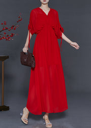 Stylish Red Cinched Drawstring Chiffon Party Dress Summer