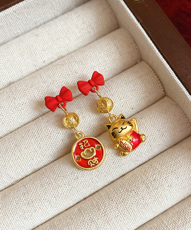 Stylish Red Copper Alloy Bow Enamel Lucky Cat Drop Earrings