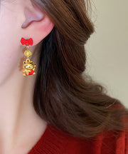 Stylish Red Copper Alloy Bow Enamel Lucky Cat Drop Earrings