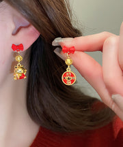 Stylish Red Copper Alloy Bow Enamel Lucky Cat Drop Earrings