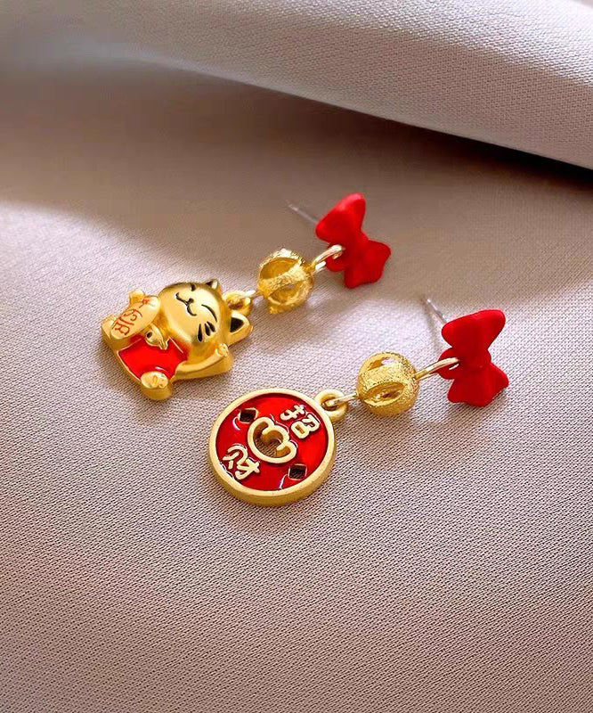 Stylish Red Copper Alloy Bow Enamel Lucky Cat Drop Earrings