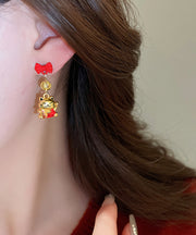 Stylish Red Copper Alloy Bow Enamel Lucky Cat Drop Earrings