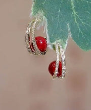 Stylish Red Copper Alloy Pearl Zircon Hoop Earrings