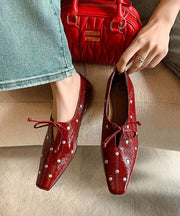 Stylish Red Cowhide Leather Flat Feet Shoes Bow Rivet