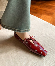 Stylish Red Cowhide Leather Flat Feet Shoes Bow Rivet