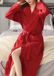 Stylish Red Embroideried Floral Tie Waist Cotton Long Robe Spring