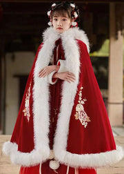 Stylish Red Embroideried Fuzzy Fur Fluffy Girls Hooded Cloak And Long Dress Two Pieces Set Long Sleeve