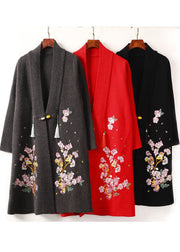 Stylish Red Embroideried Tassel Woolen Coats Long Sleeve