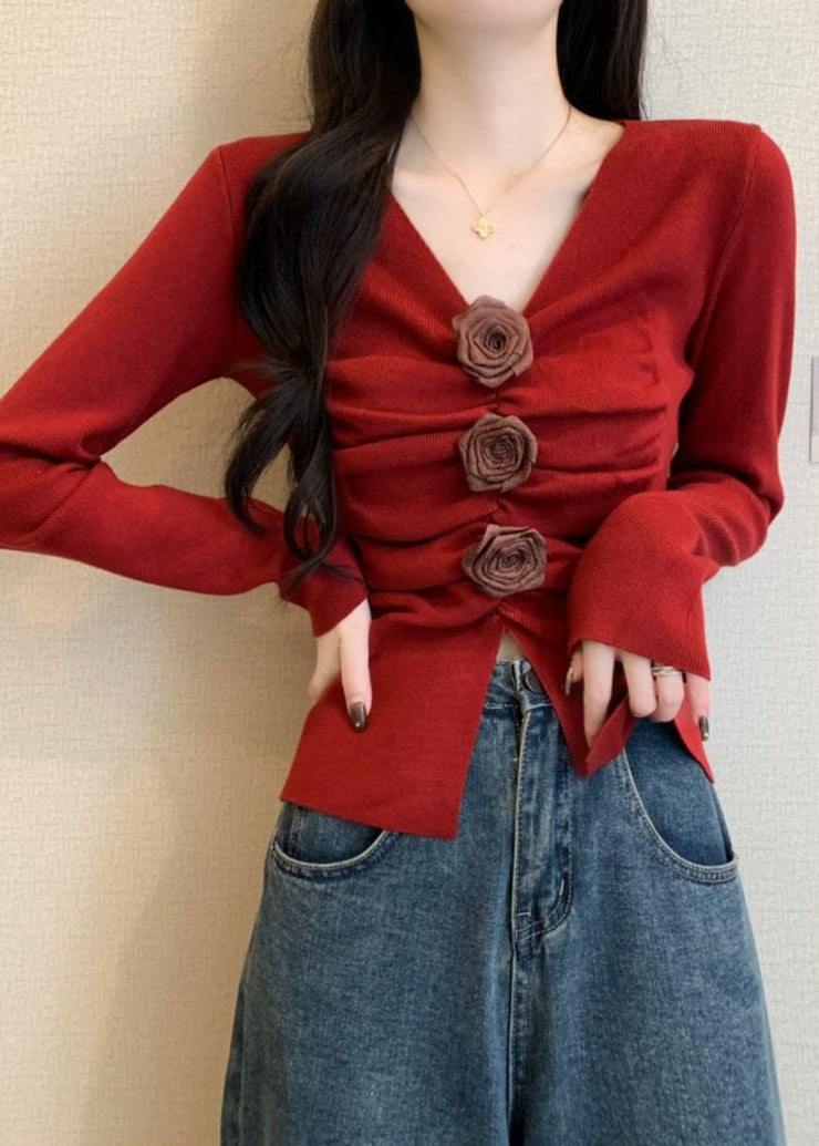 Stylish Red Floral Wrinkled Knit Sweater Spring