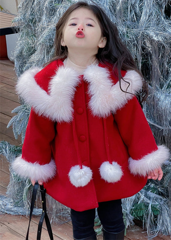 Stylish Red Fur Collar Patchwork Warm Fleece Girls Woolen Coats Spring