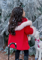 Stylish Red Fur Collar Patchwork Warm Fleece Girls Woolen Coats Winter