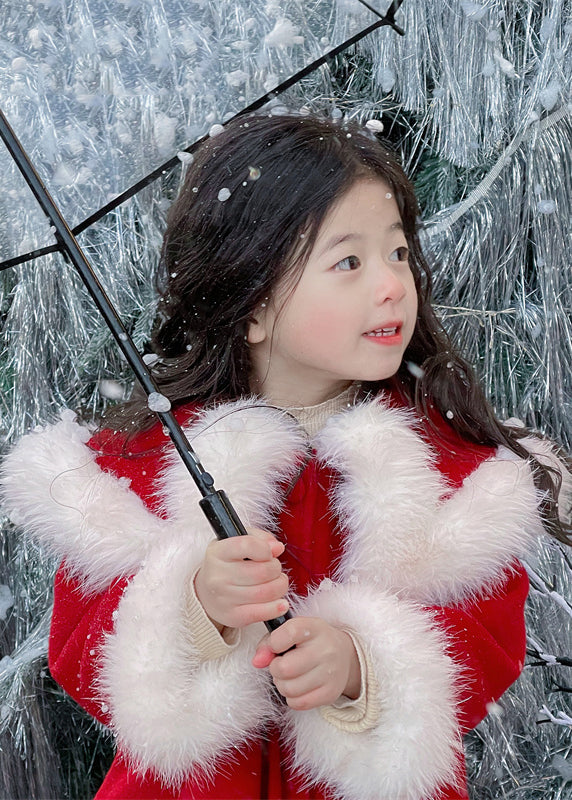 Stylish Red Fur Collar Patchwork Warm Fleece Girls Woolen Coats Winter