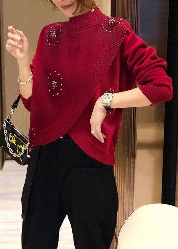 Stylish Red Hign Neck Nail Bead Woolen Knit Pullover Spring